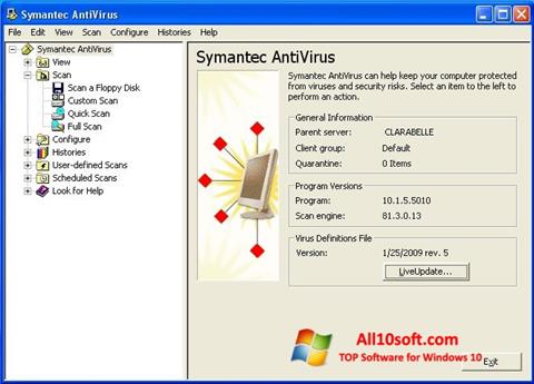 ภาพหน้าจอ Symantec Antivirus สำหรับ Windows 10